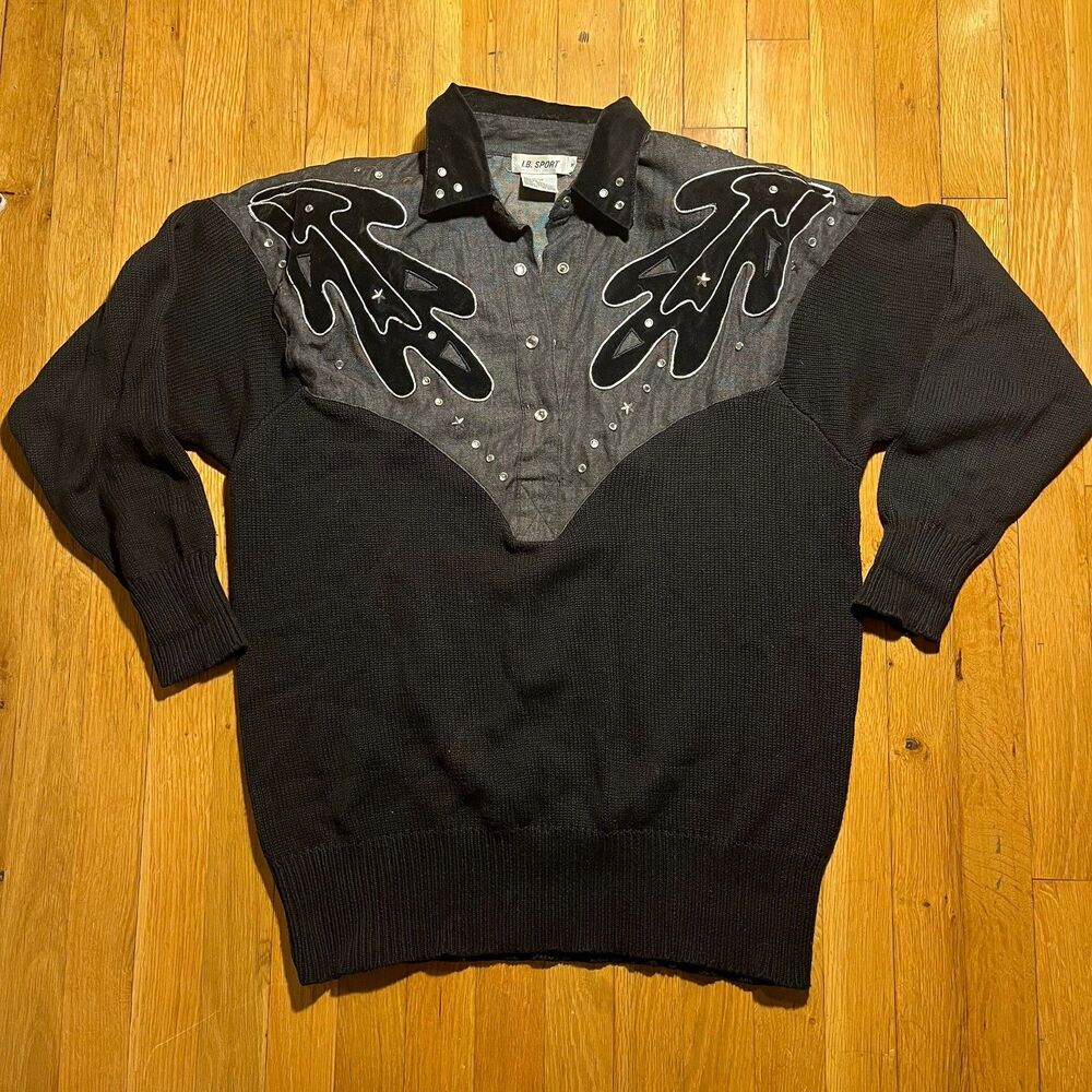Cowboy Western Shirt Vtg Rhinestone Yoke Sweater Knit Rare I.B. Sport M